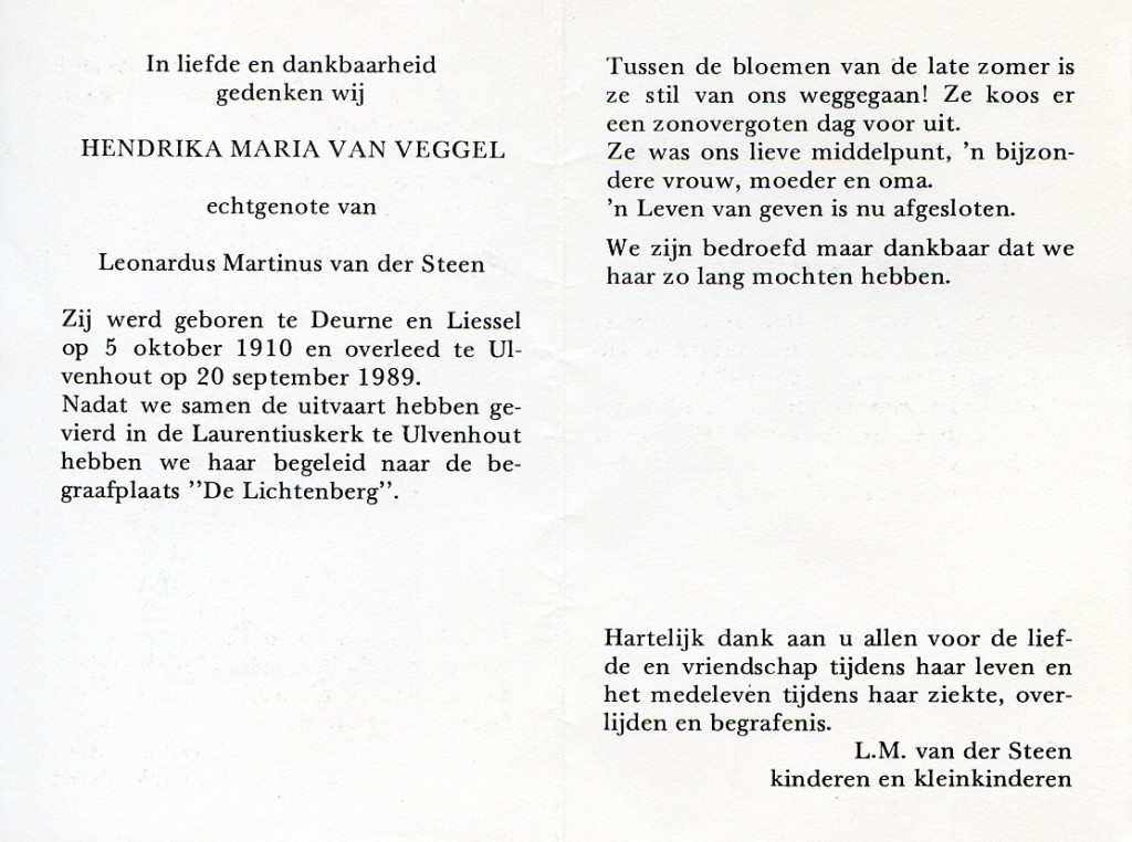 veggel, v hendrika m 1910-1989 a