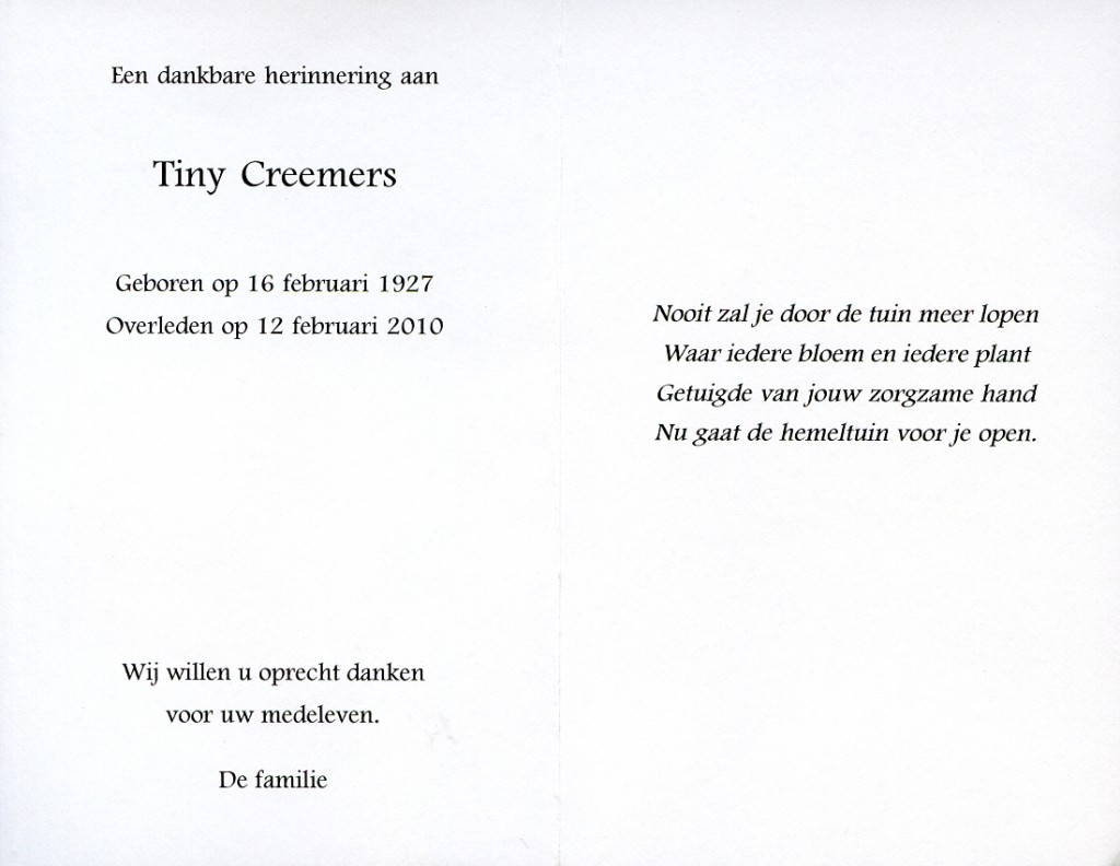 creemers, tiny 1927-2010
